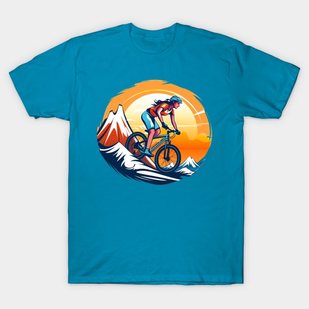 woman riding a bicycle going down a hill T-Shirt by javierparra